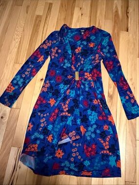 Chaps Royal Blue Floral Long Sleeve Faux-Wrap Dress
